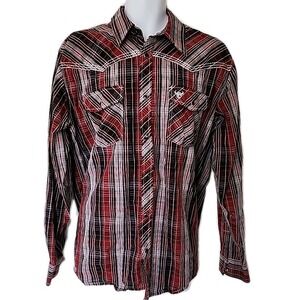 Cowboy Hardware Black & Red Plaid Black Pearl Snap Western Shirt Men's Large‎